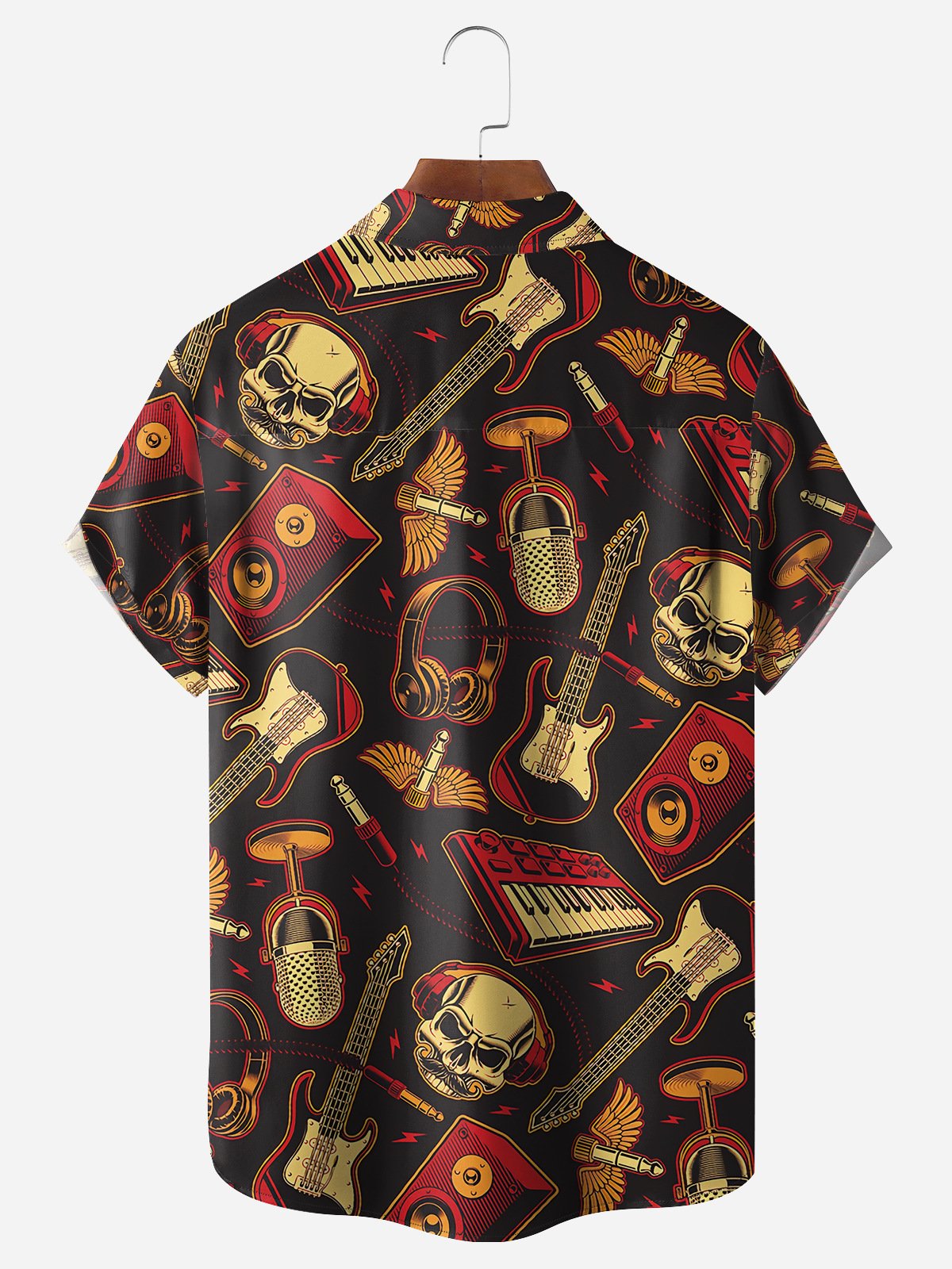 Guitar and Skull Chest Pocket Short Sleeve Casual Shirt