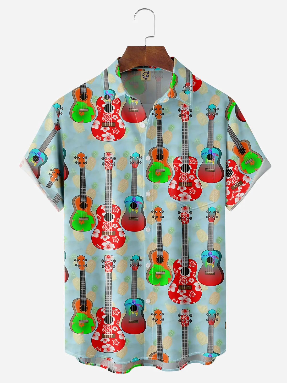 Ukulele Island Chest Pocket Short Sleeves Hawaiian Shirt