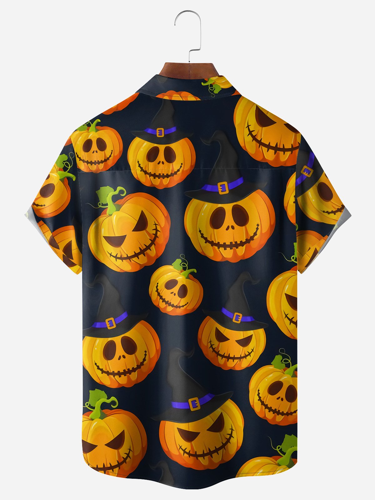 Halloween Pumpkin Chest Pocket Short Sleeve Casual Shirt