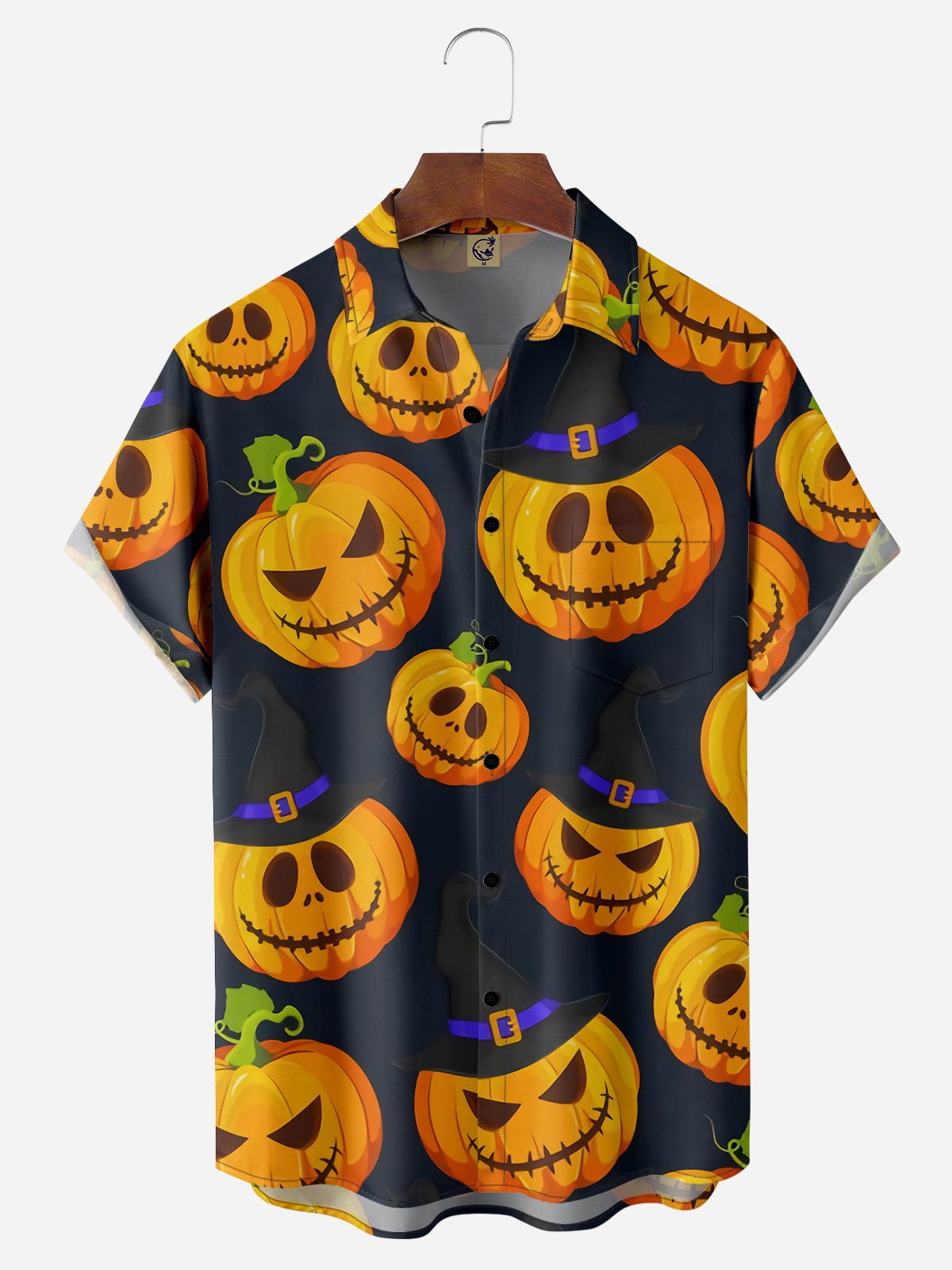 Halloween Pumpkin Chest Pocket Short Sleeve Casual Shirt