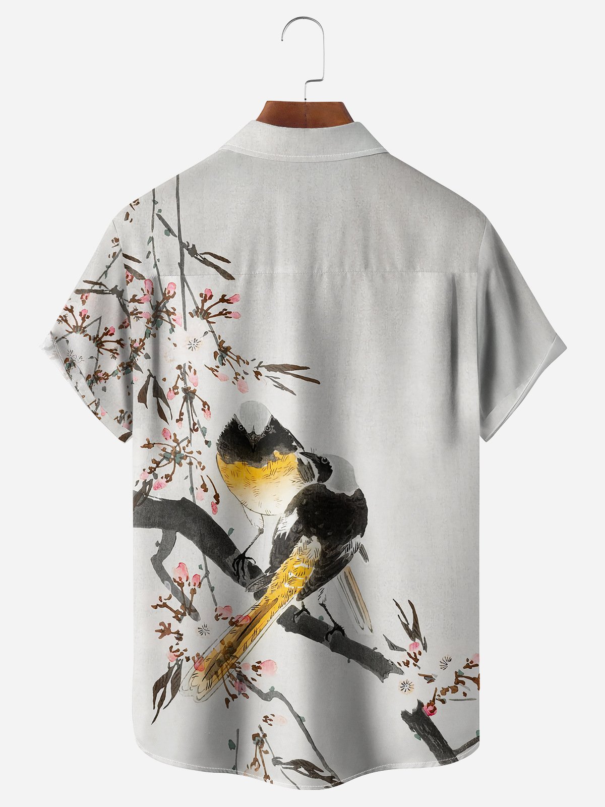 Cherry Blossoms Bird Chest Pocket Short Sleeve Shirt