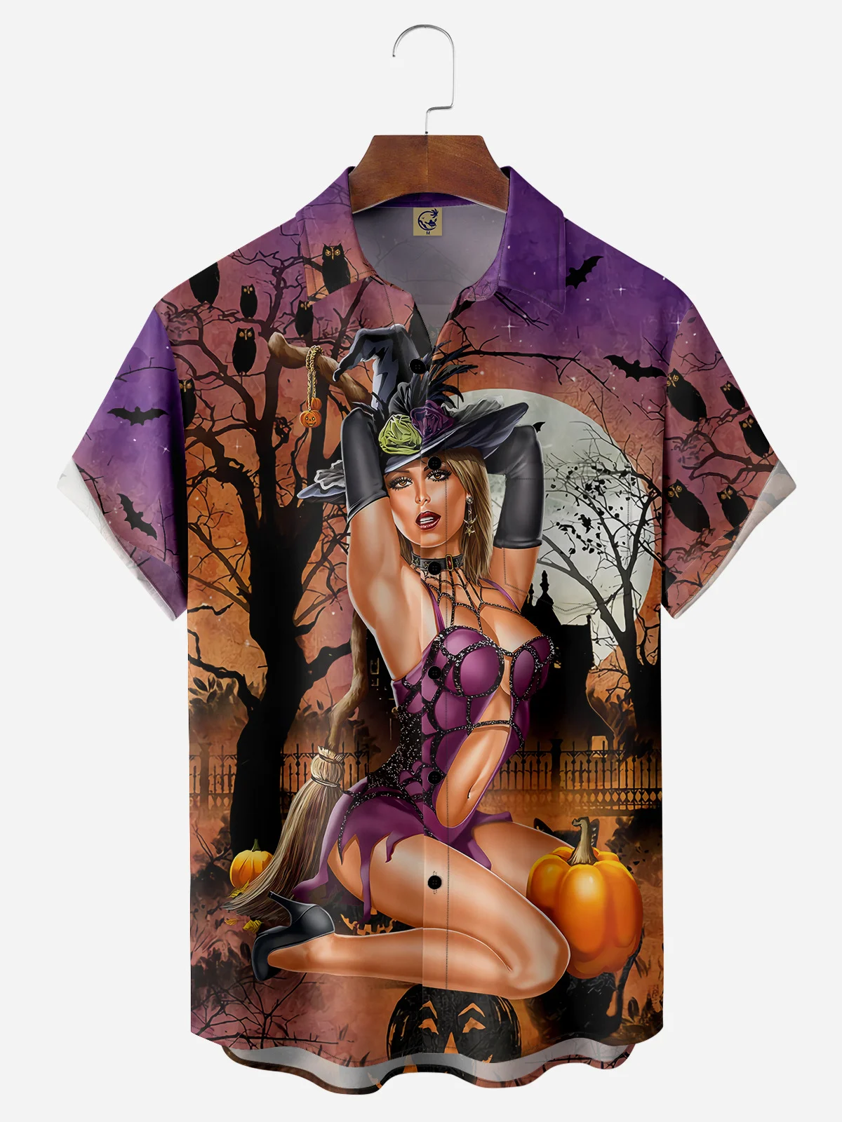 Halloween Witch Chest Pocket Short Sleeve Casual Shirt