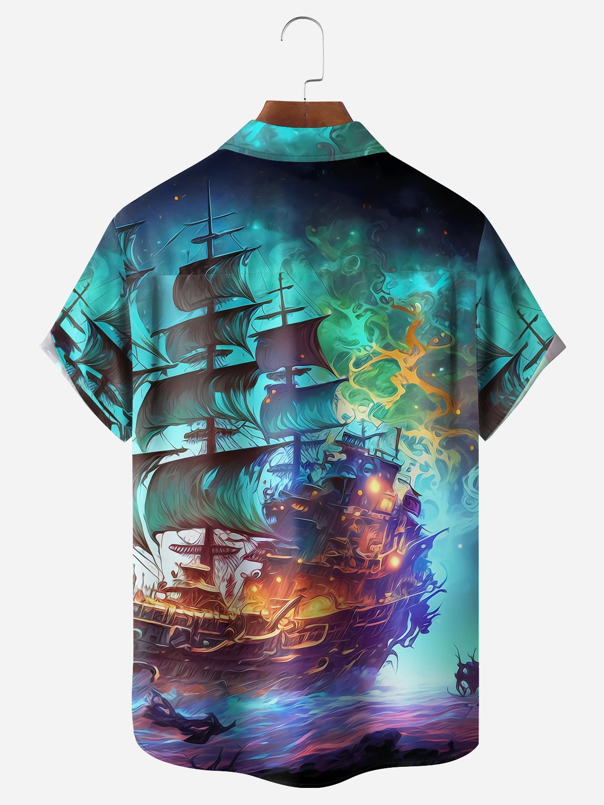 Halloween Ghost Ship Chest Pocket Short Sleeve Hawaiian Shirt