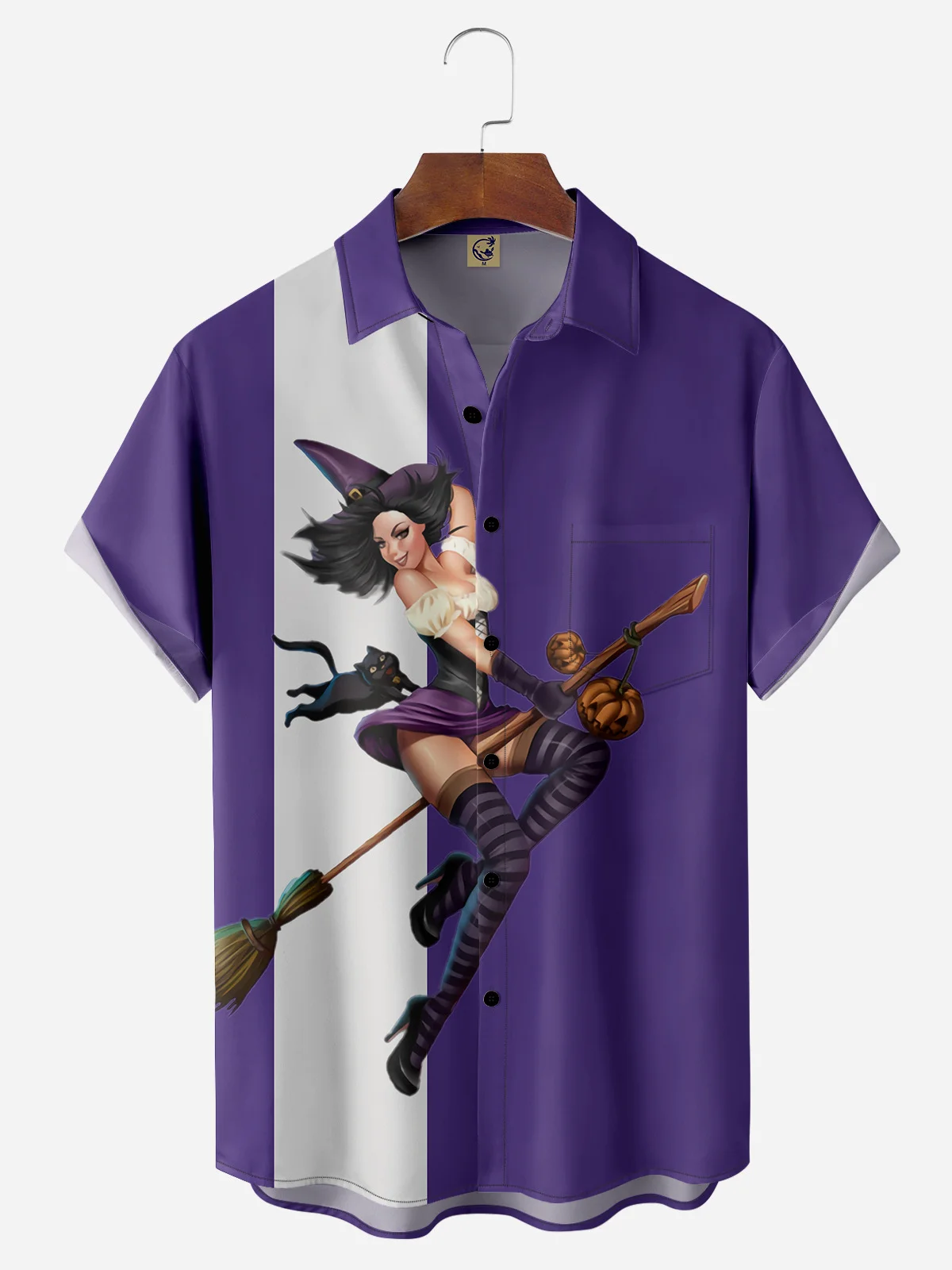 Halloween Witch Chest Pocket Short Sleeve Bowling Shirt