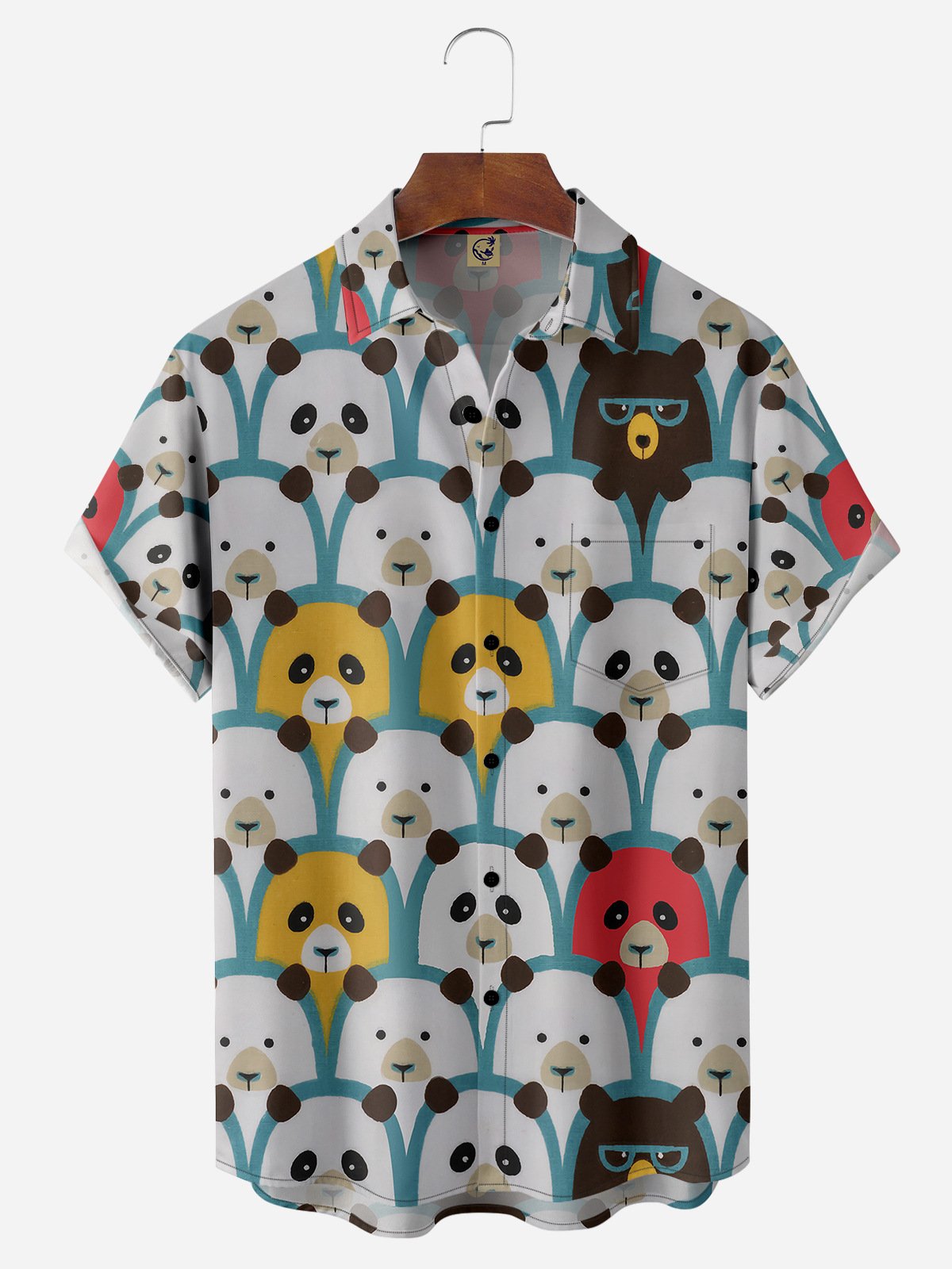 Fun Cartoon Panda Chest Pocket Short Sleeve Casual Shirt