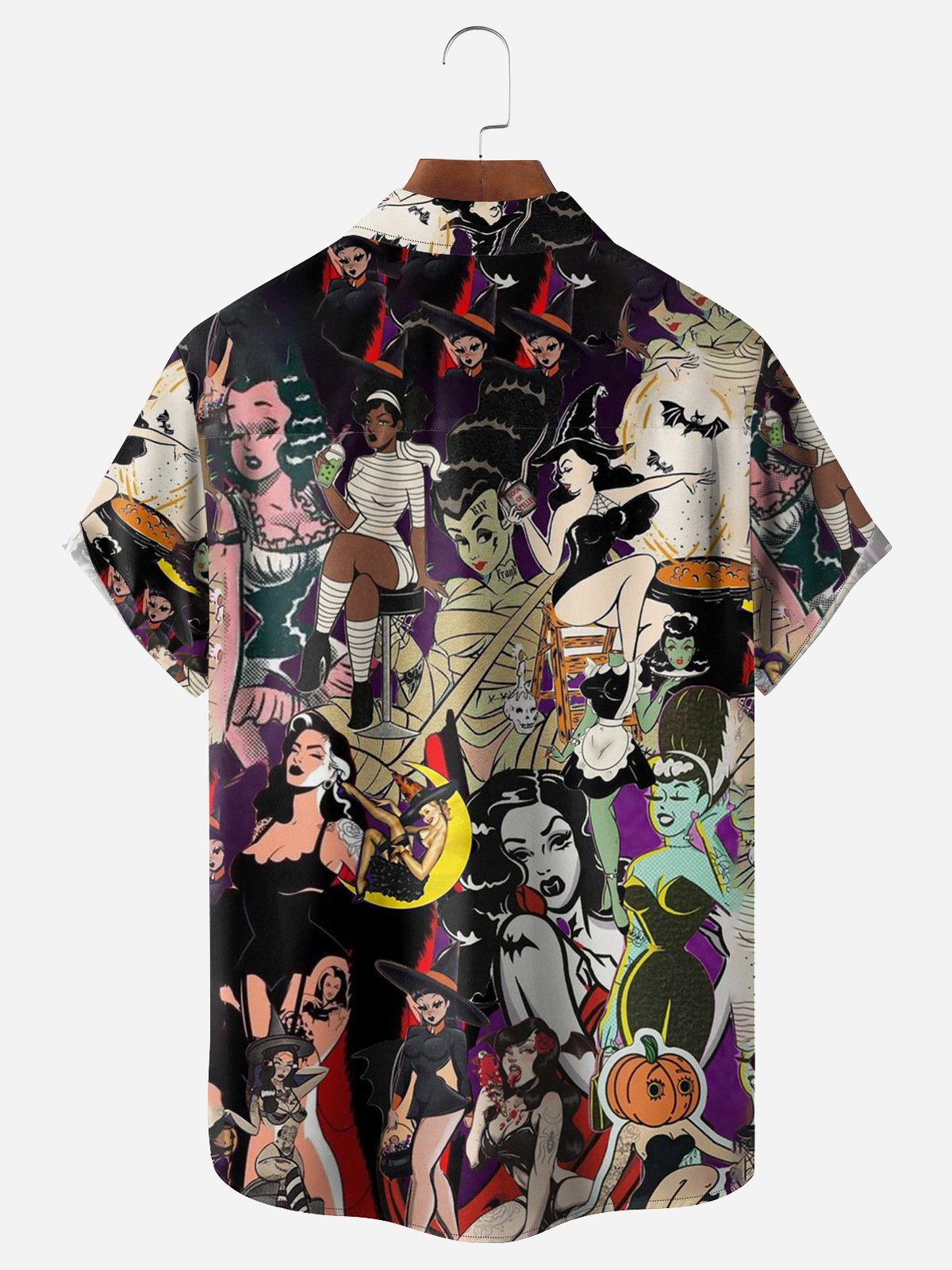 Halloween Pinup Girls Chest Pocket Short Sleeve Casual Shirt