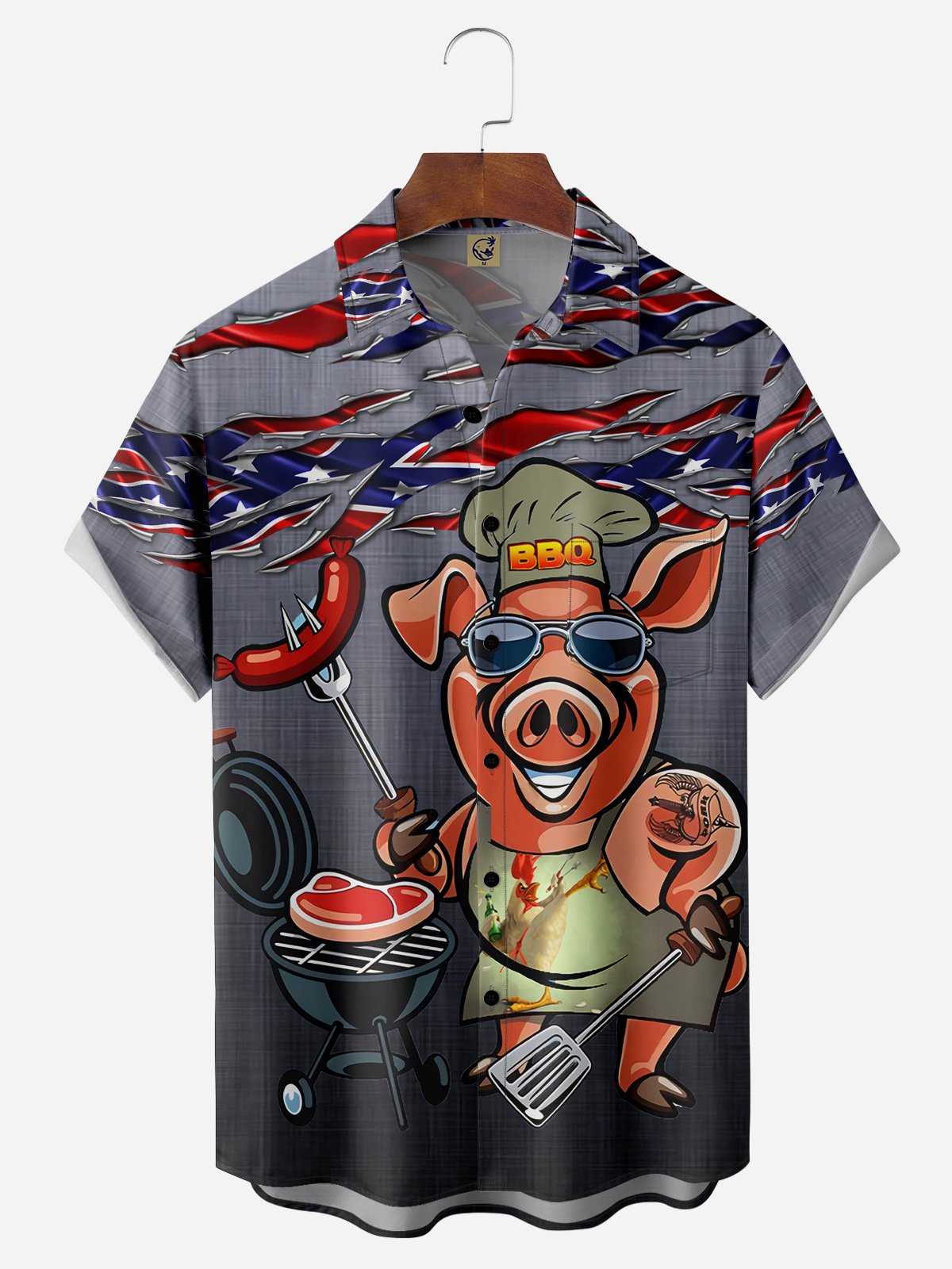 BBQ Pig Chest Pocket Short Sleeve Casual Shirt