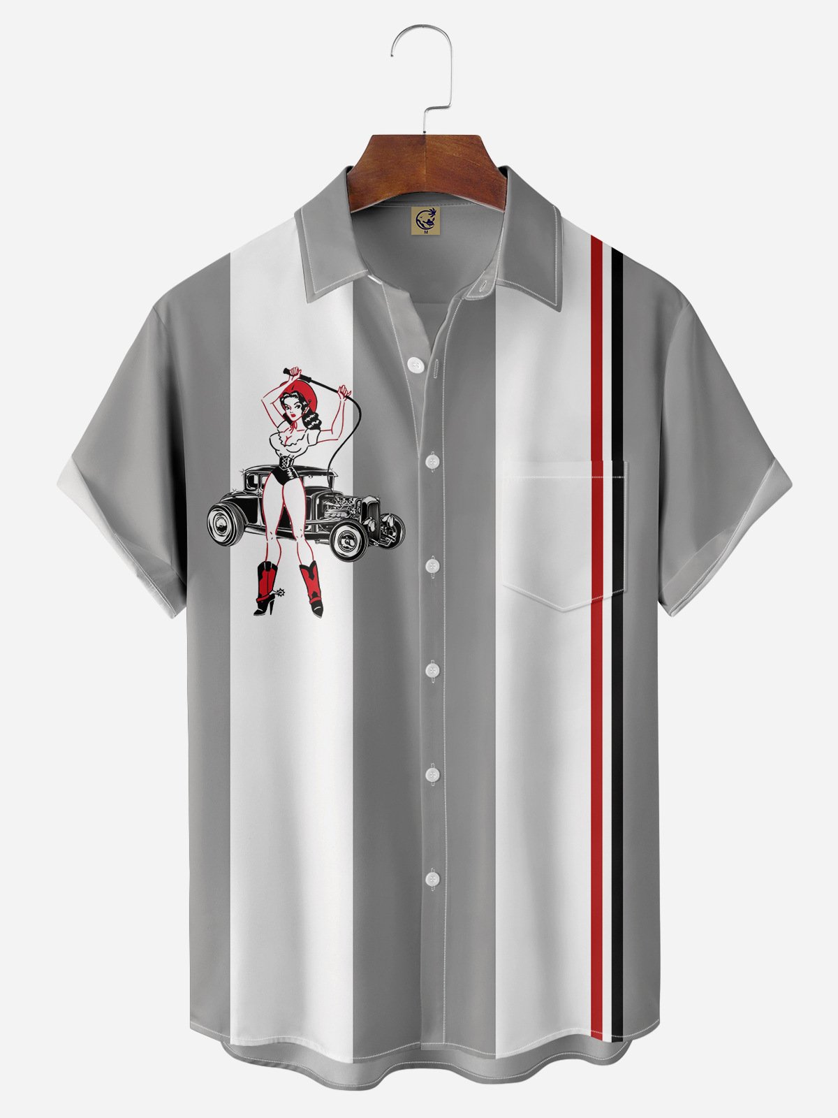 Vintage Belle Car Chest Pocket Short Sleeve Bowling Shirt