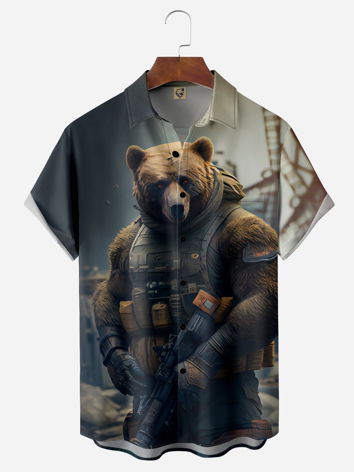 Soldier Bear Chest Pocket Short Sleeve Hawaiian Shirt