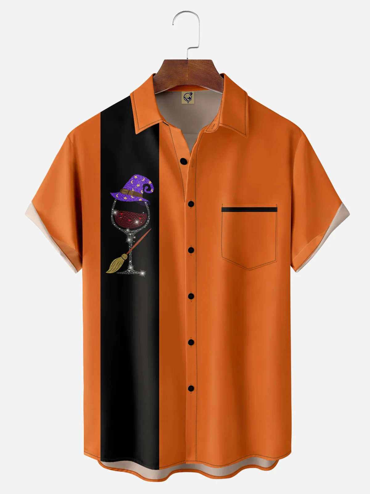 Halloween Witch Chest Pocket Short Sleeve Bowling Shirt