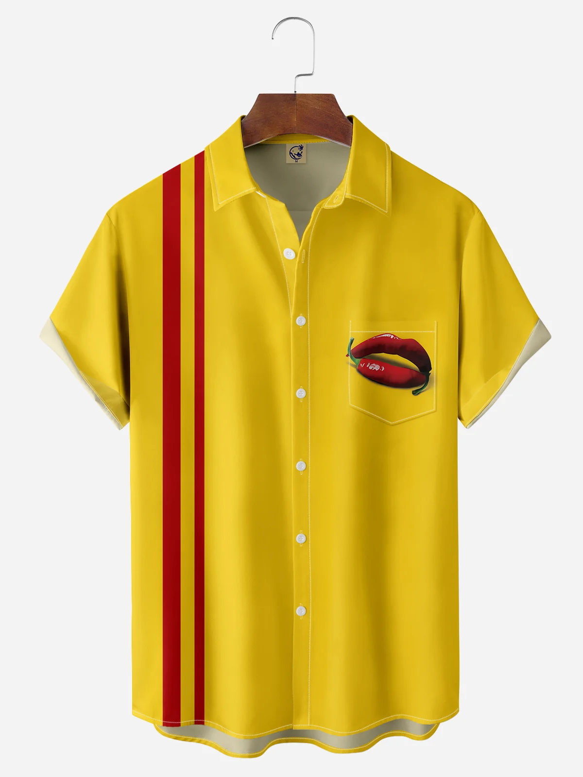 Funny Chili Lips Chest Pocket Short Sleeve Bowling Shirt