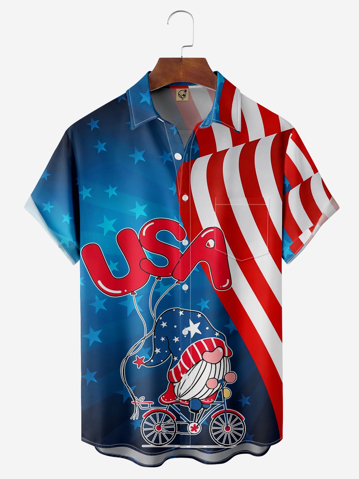 American Flag Gnome Chest Pocket Short Sleeve Casual Shirt