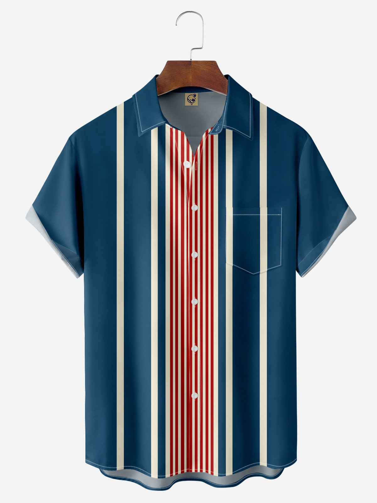 Striped Chest Pocket Short Sleeve Bowling Shirt