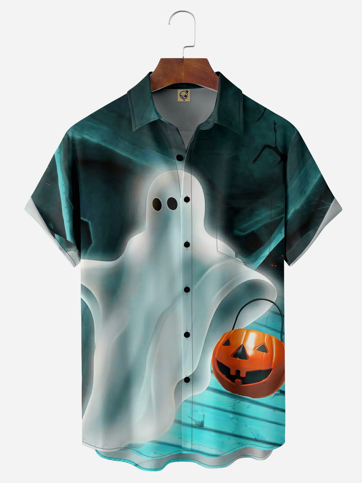 Halloween Ghost Chest Pocket Short Sleeve Casual Shirt