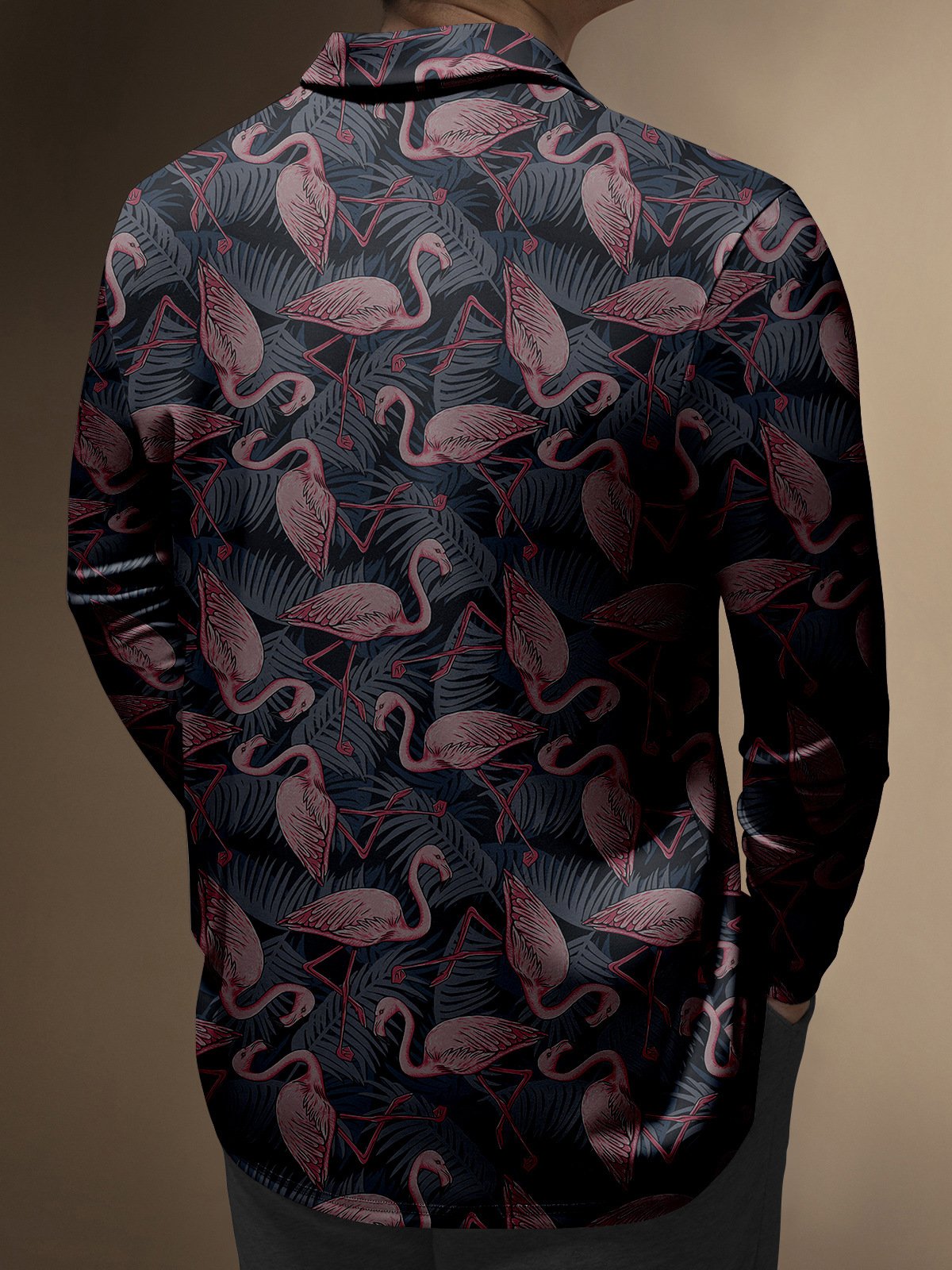 Tropical Plant Flamingo Button Long Sleeve Vacation Polo Shirt