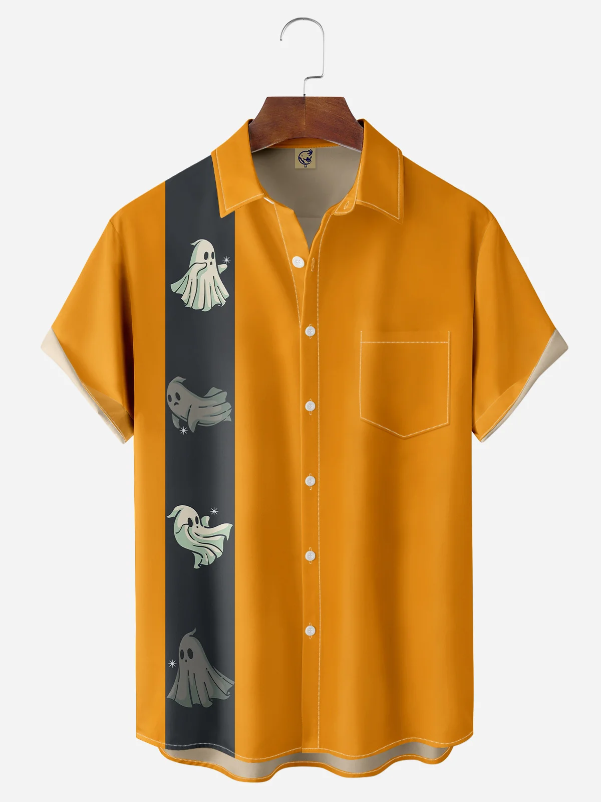 Halloween Ghost Chest Pocket Short Sleeve Bowling Shirt