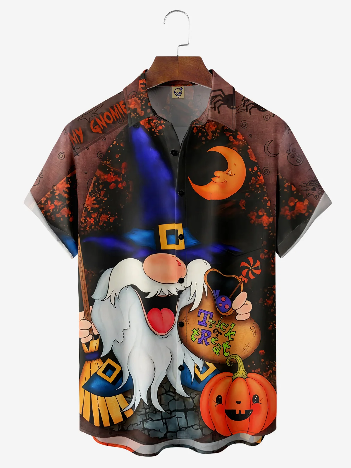 Halloween Gnome Chest Pocket Short Sleeve Casual Shirt