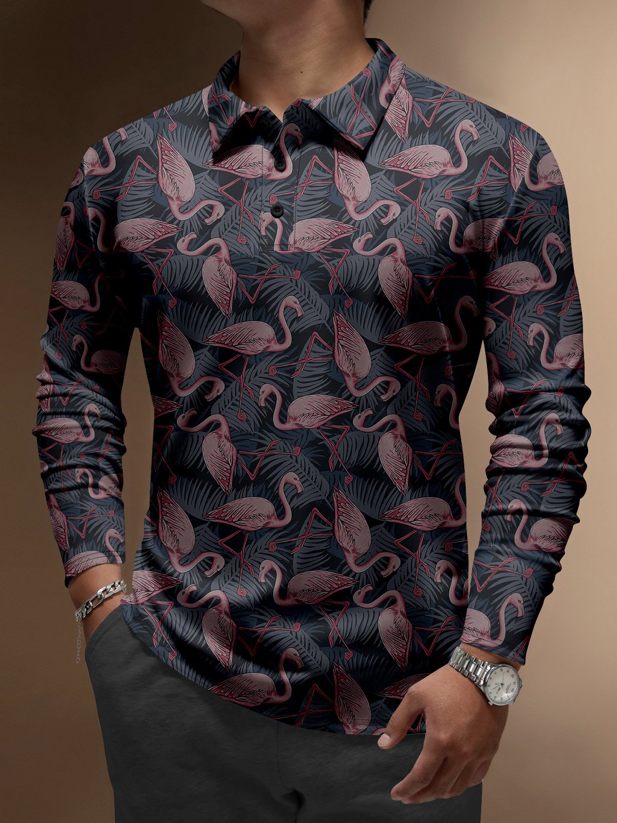 Tropical Plant Flamingo Button Long Sleeve Vacation Polo Shirt