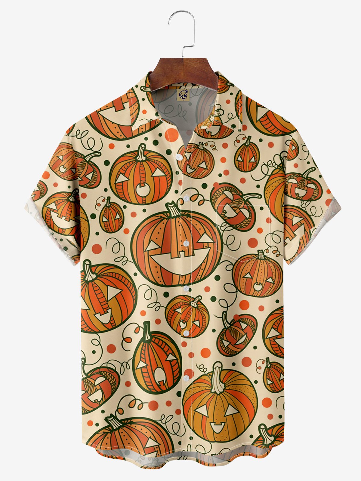 Halloween Pumpkin Chest Pocket Short Sleeve Bowling Shirt