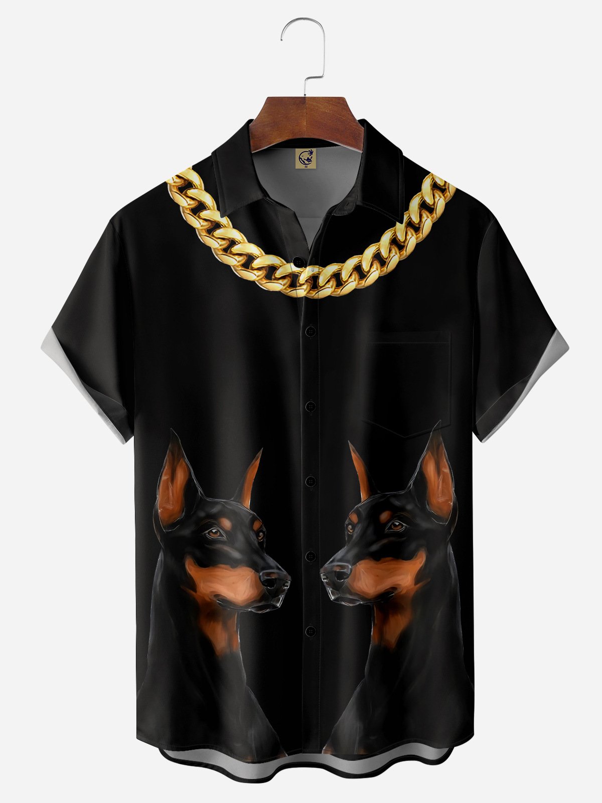 Doberman With Gold Chain Chest Pocket Short Sleeve Hawaiian Shirt