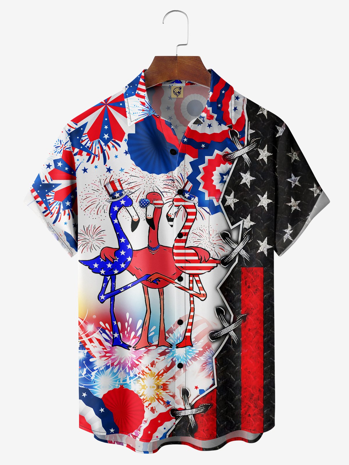 American Flag Flamingo Chest Pocket Short Sleeve Casual Shirt