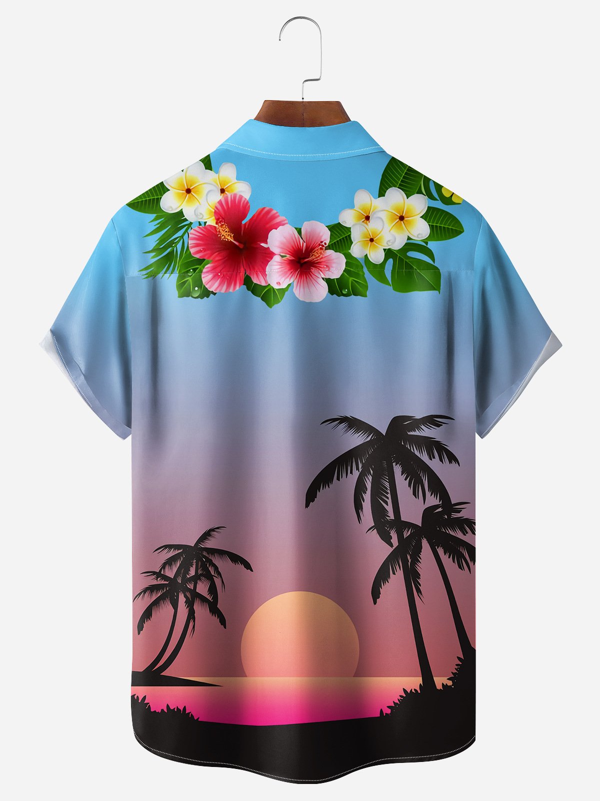 Hawaiian Wreath Palms&Sunset Chest Pocket Short Sleeve Hawaiian Shirt