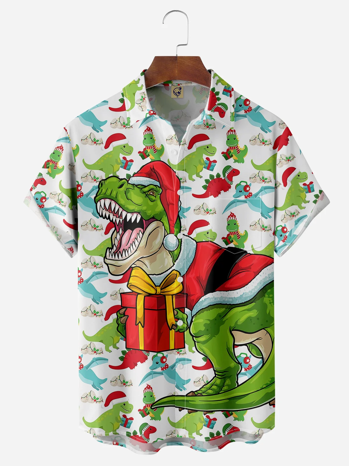 Christmas Dinosaur Chest Pocket Short Sleeve Shirt