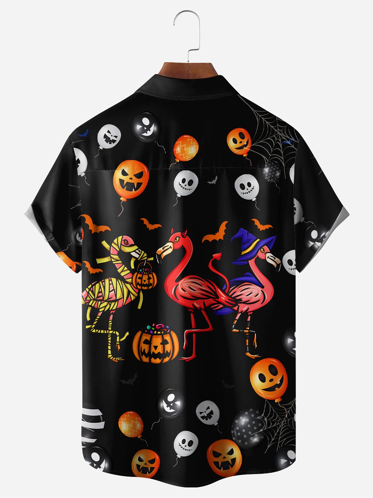 Halloween Flamingo Chest Pocket Short Sleeve Casual Shirt