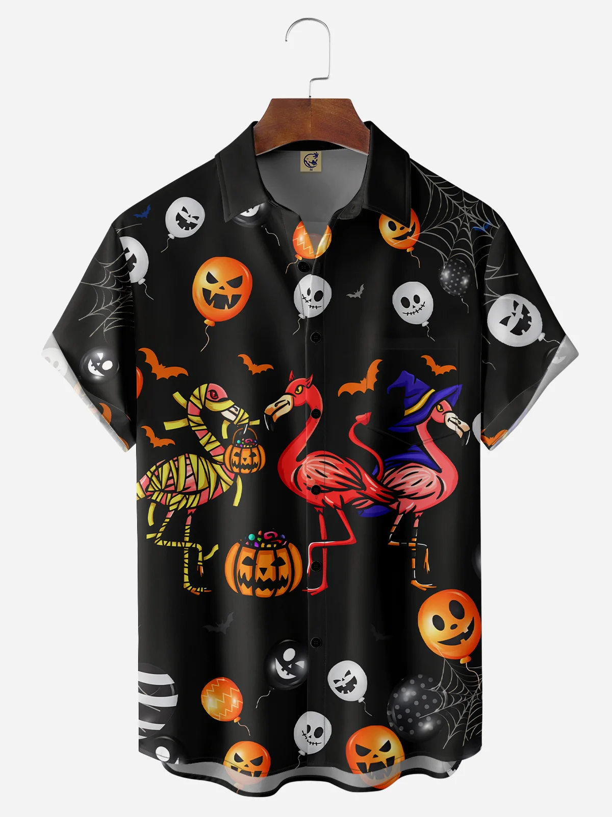 Halloween Flamingo Chest Pocket Short Sleeve Casual Shirt