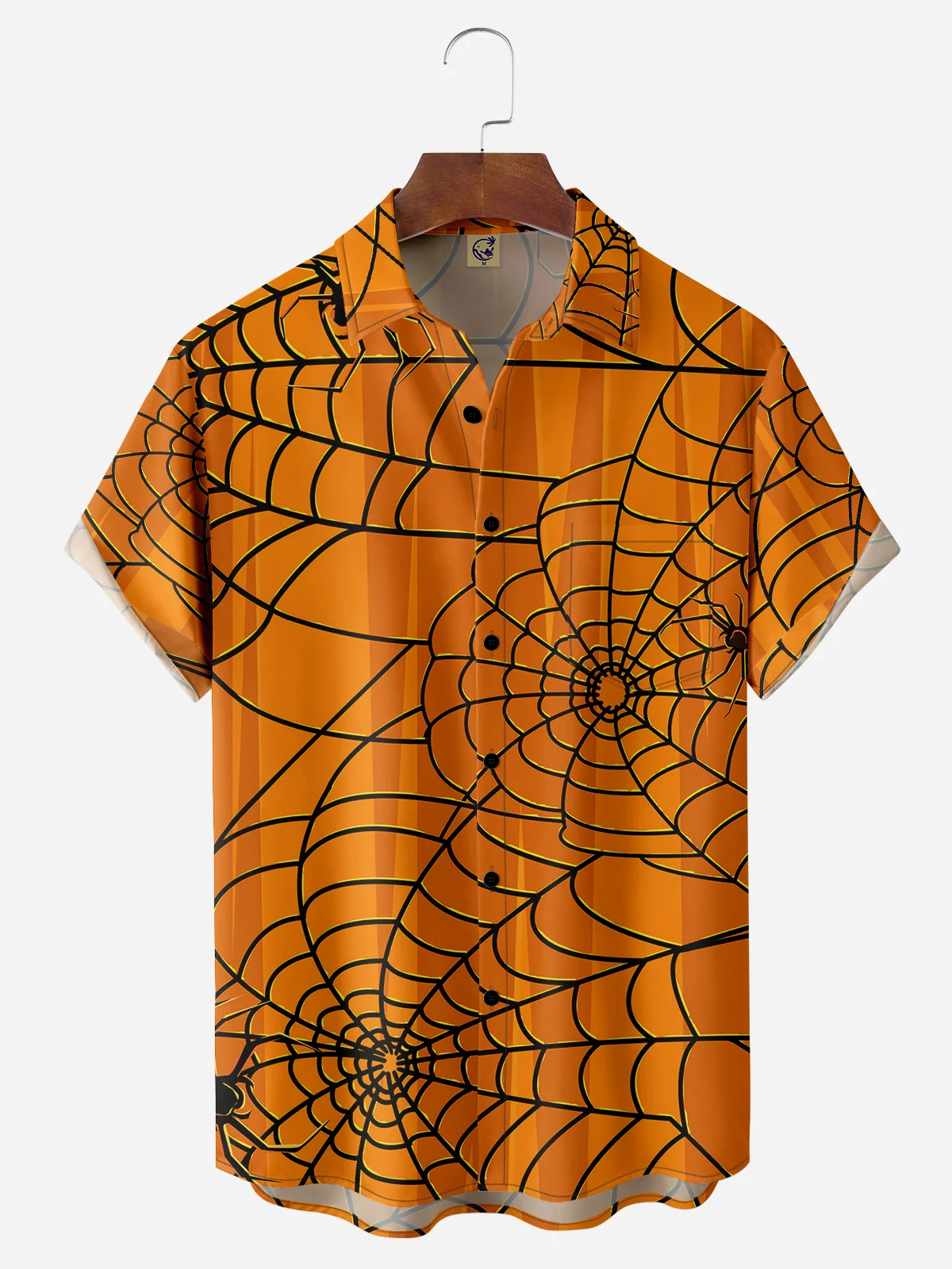 Halloween Spider Web Chest Pocket Short Sleeve Casual Shirt