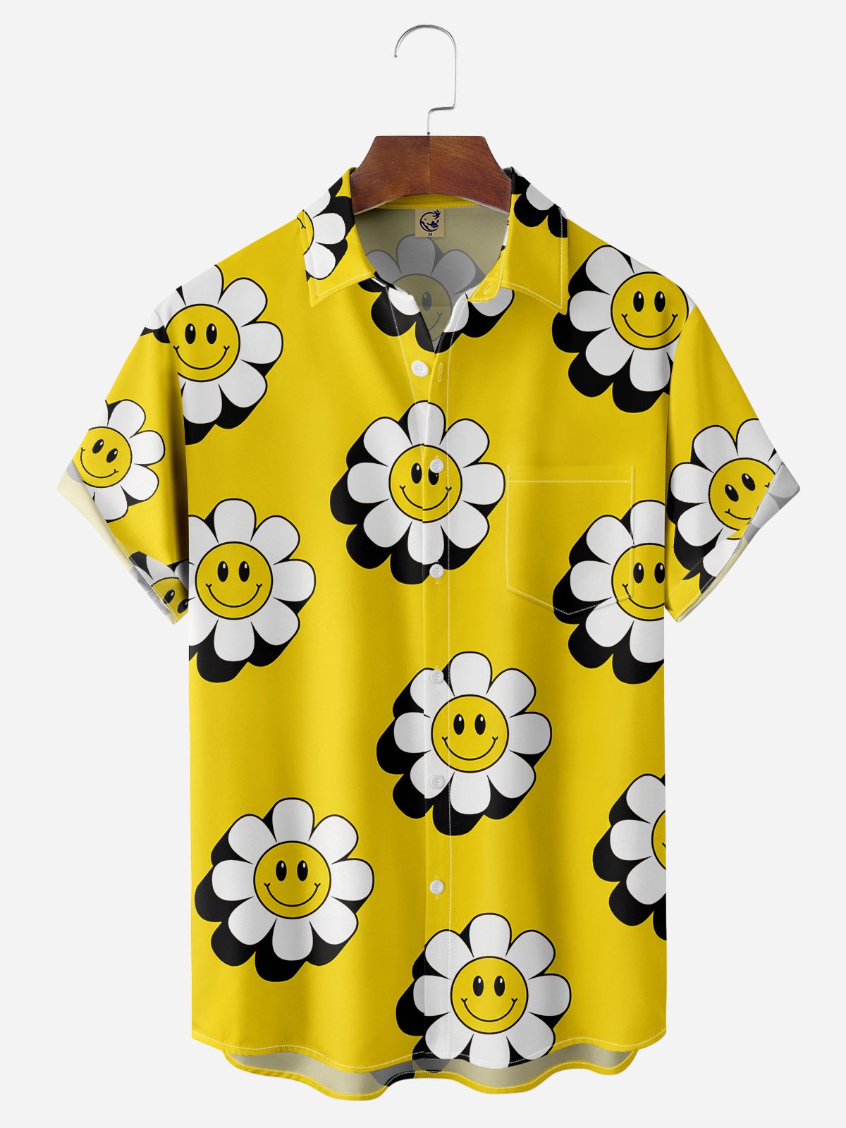 Smiling Flower Chest Pocket Short Sleeve Hawaiian Shirt