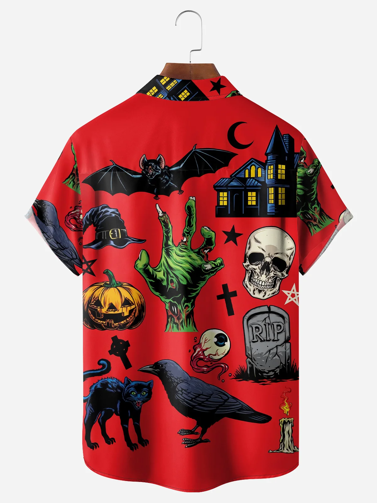 Halloween Skeleton Pumpkin Chest Pocket Short Sleeve Holiday Shirt