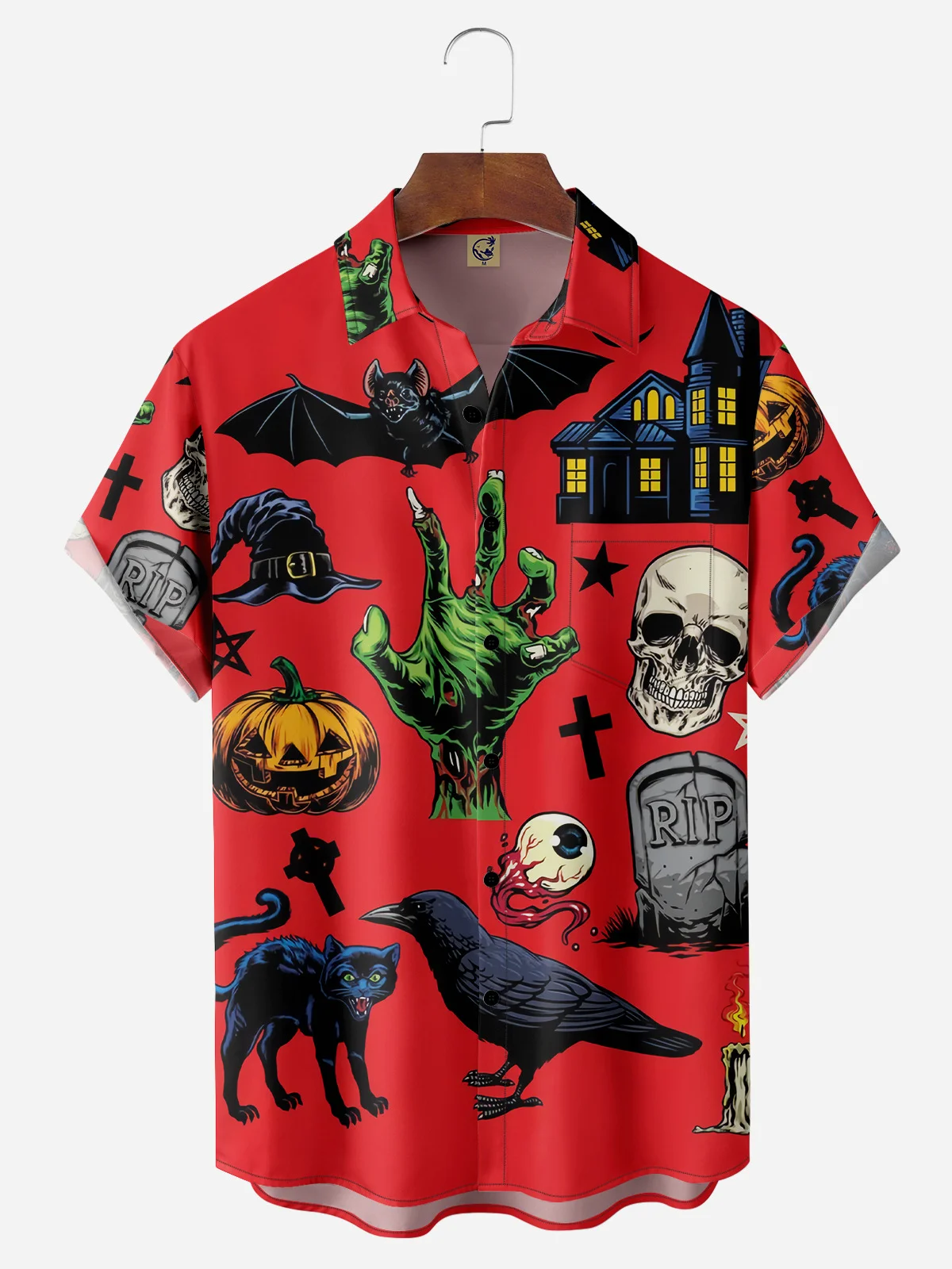 Halloween Skeleton Pumpkin Chest Pocket Short Sleeve Holiday Shirt