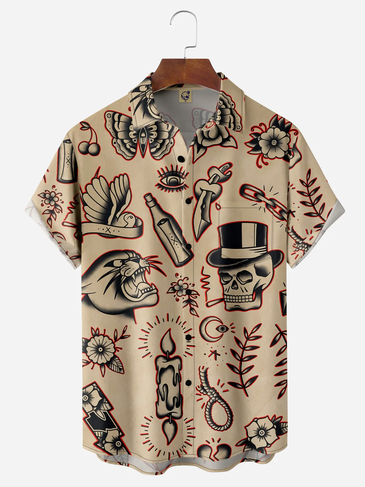 Halloween Skeleton Chest Pocket Short Sleeve Hawaiian Shirt