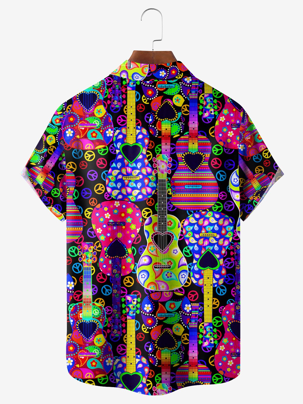 Hippie Music Guitar Chest Pocket Short Sleeve Casual Shirt