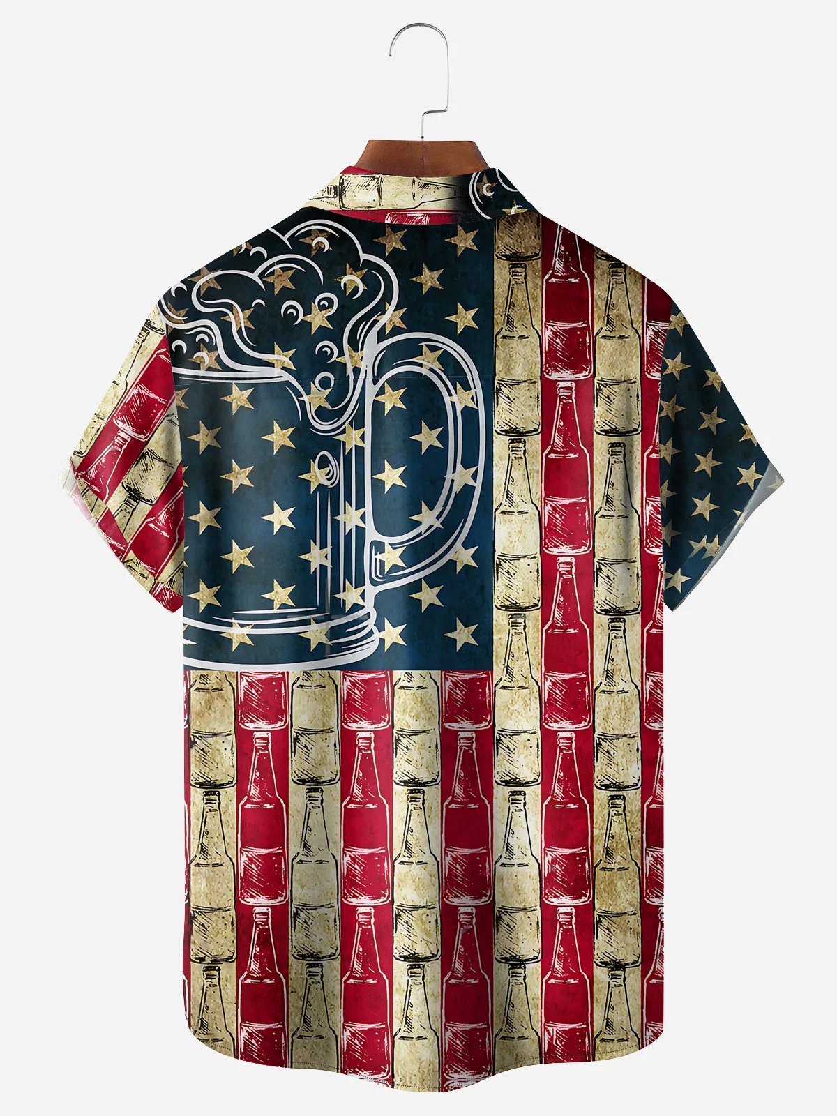 Patriotic Beer Bottle USA flag Chest Pocket Short Sleeve Casual Shirt