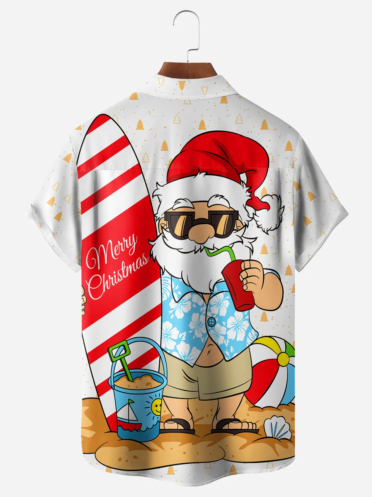 Christmas Santa Surfing Chest Pocket Short Sleeve Hawaiian Shirt