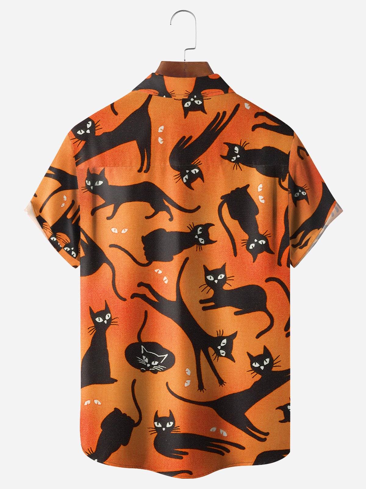 Halloween Black Cat Chest Pocket Short Sleeve Casual Shirt