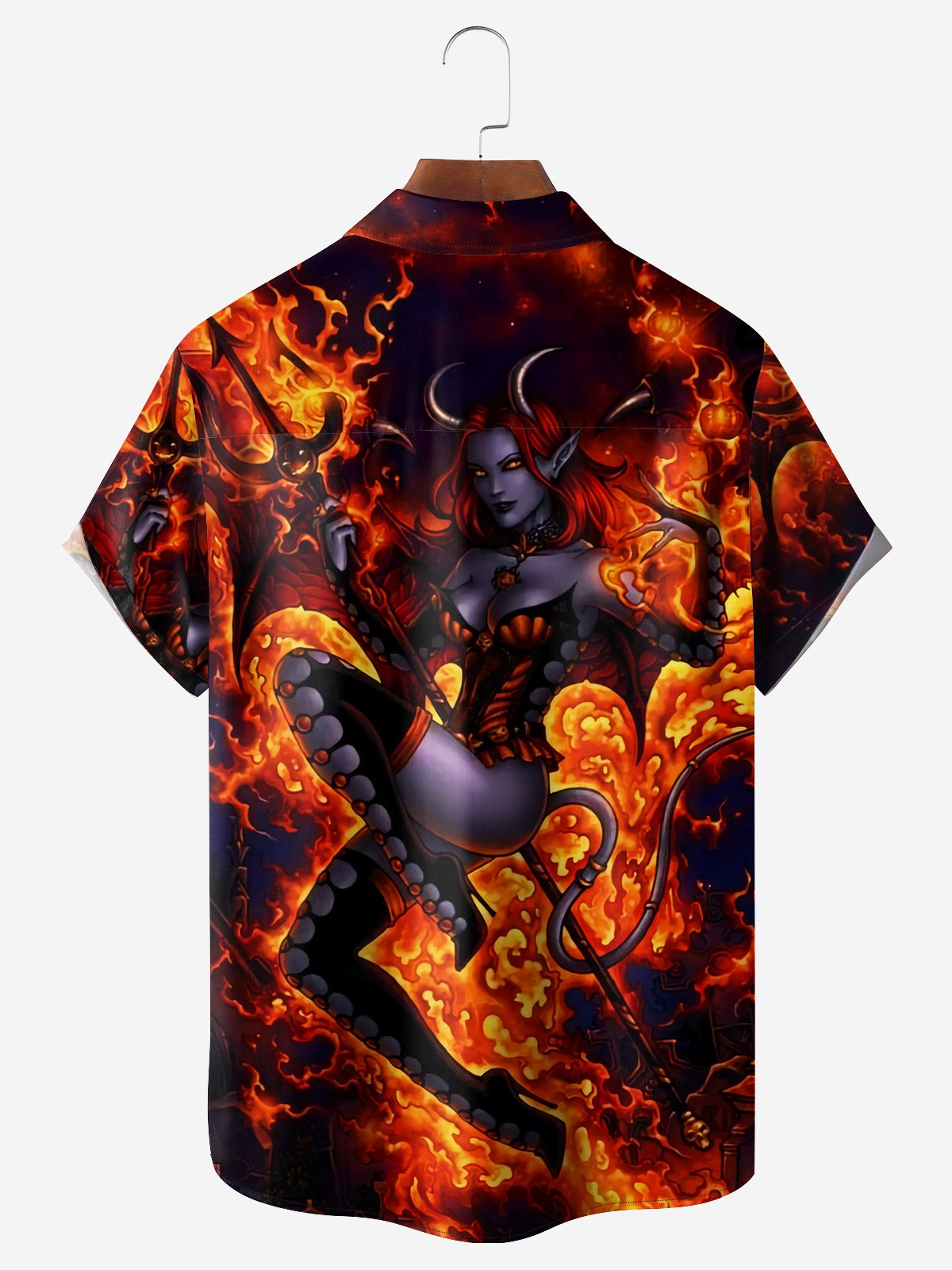 Halloween Hell Witch Chest Pocket Short Sleeves Casual Shirt