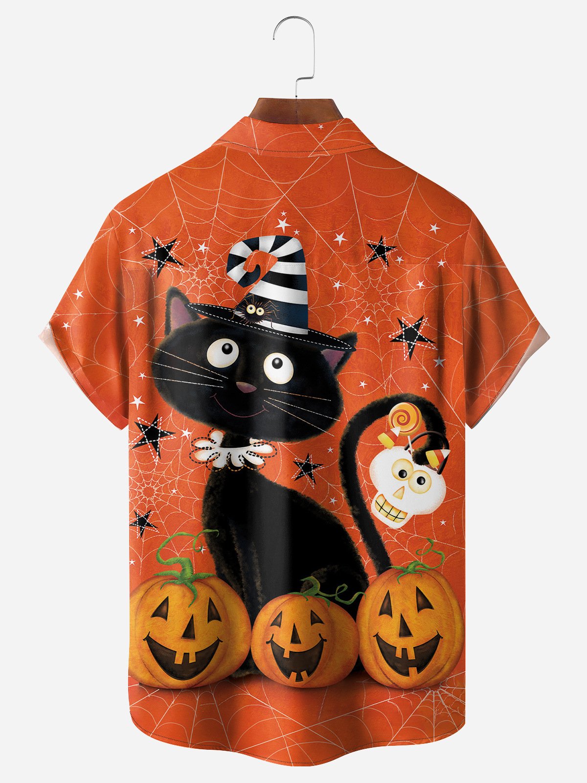 Halloween Cat Pumpkin Chest Pocket Short Sleeve Shirt