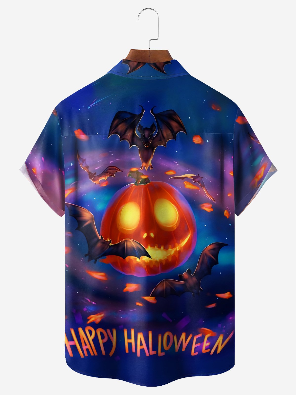 Halloween Pumpkin Chest Pocket Short Sleeve Casual Shirt