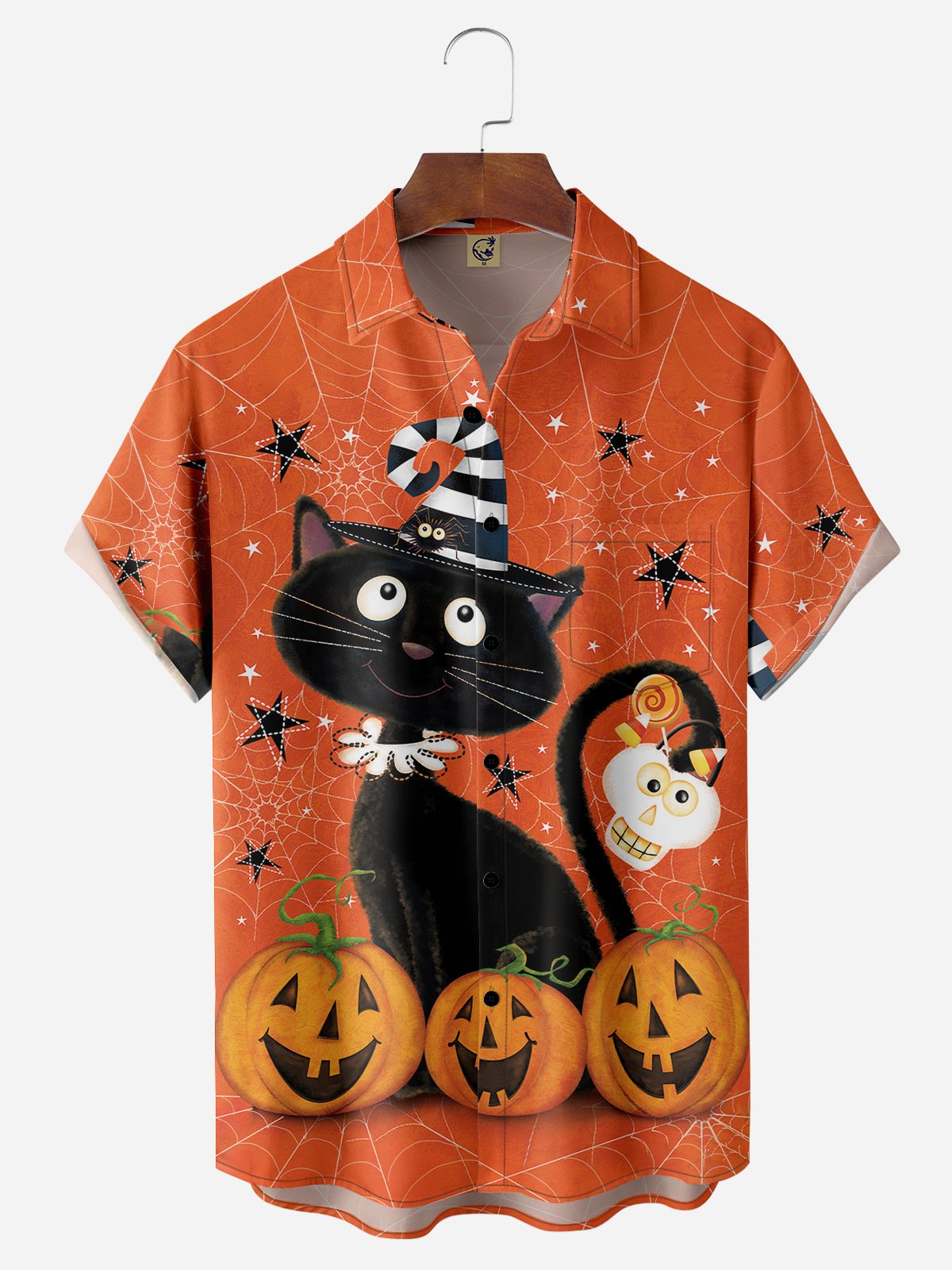 Halloween Cat Pumpkin Chest Pocket Short Sleeve Shirt