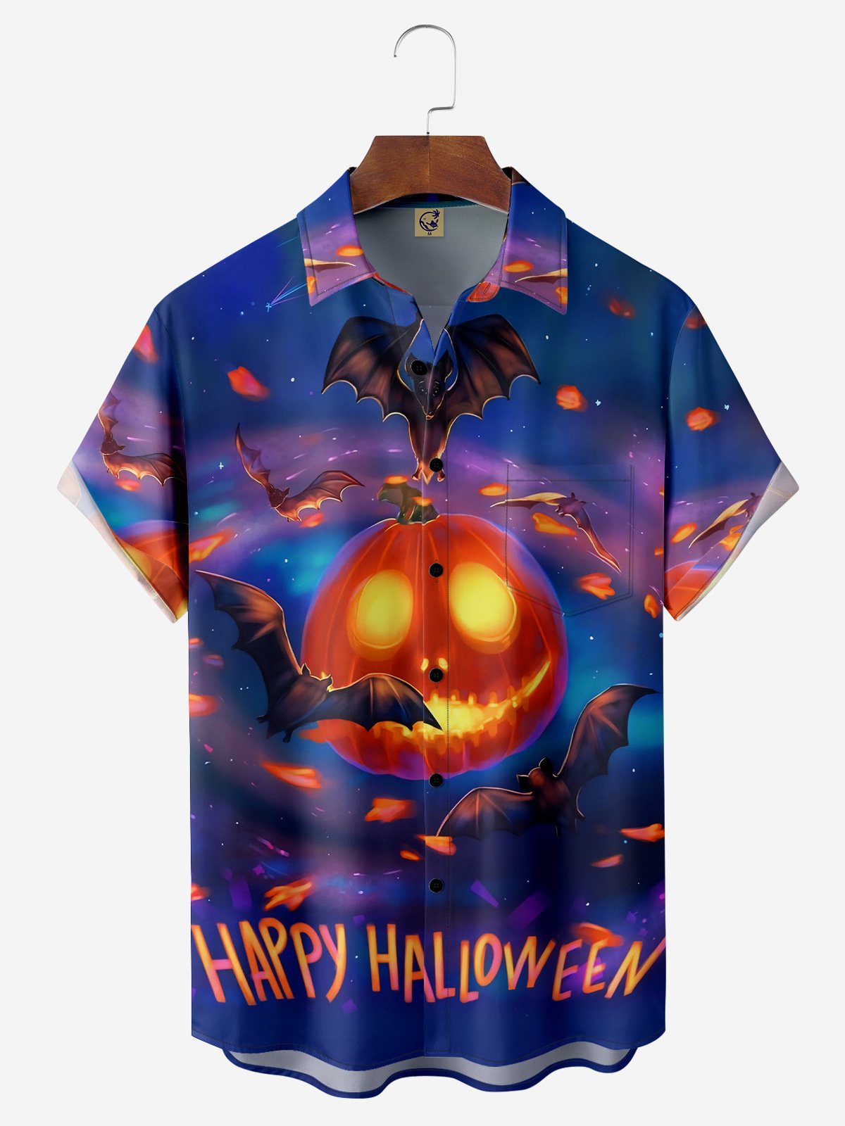 Halloween Pumpkin Chest Pocket Short Sleeve Casual Shirt