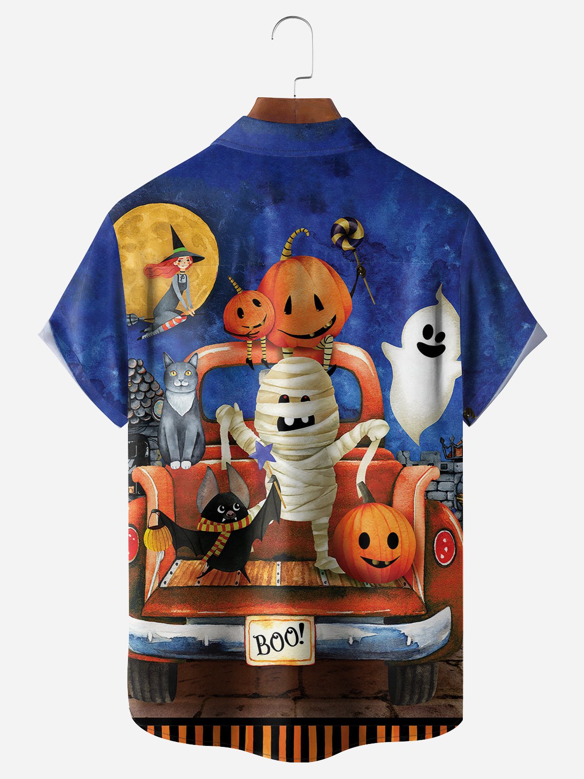 Halloween Cat Pumpkin Car Chest Pocket Short Sleeve Shirt