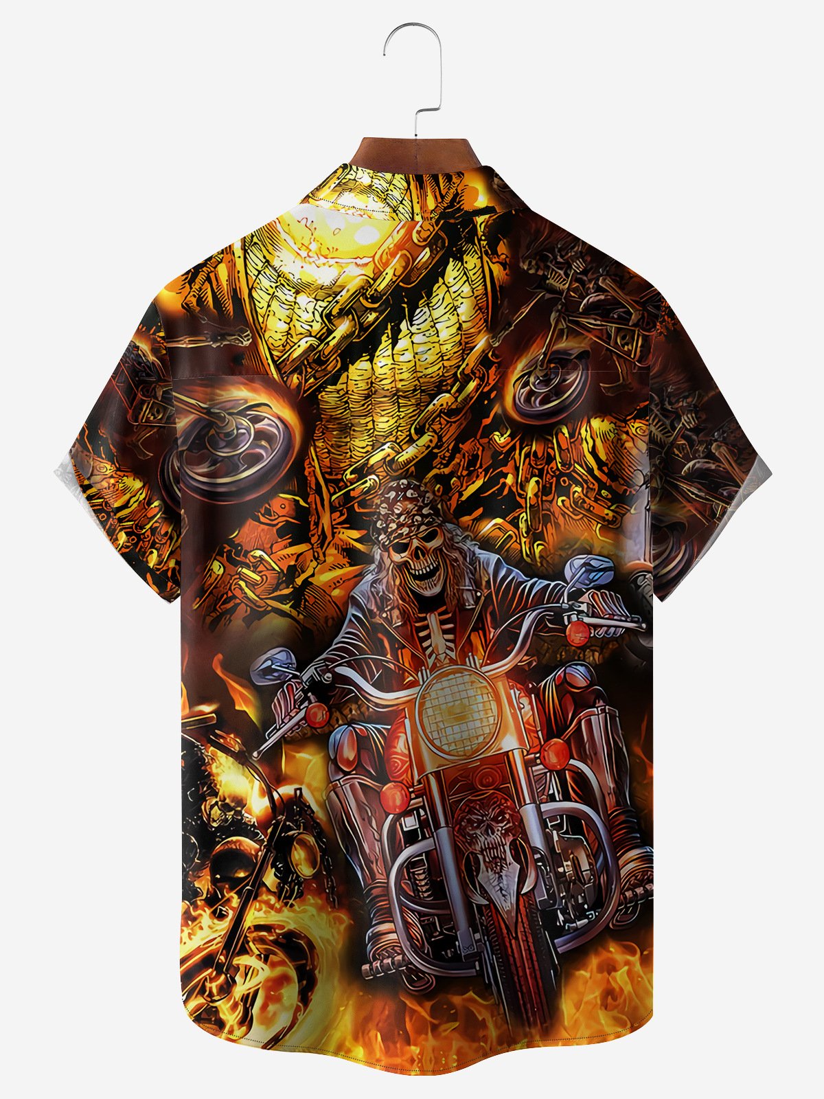 Halloween Skeleton Motorcycle Chest Pocket Short Sleeves Casual Shirt