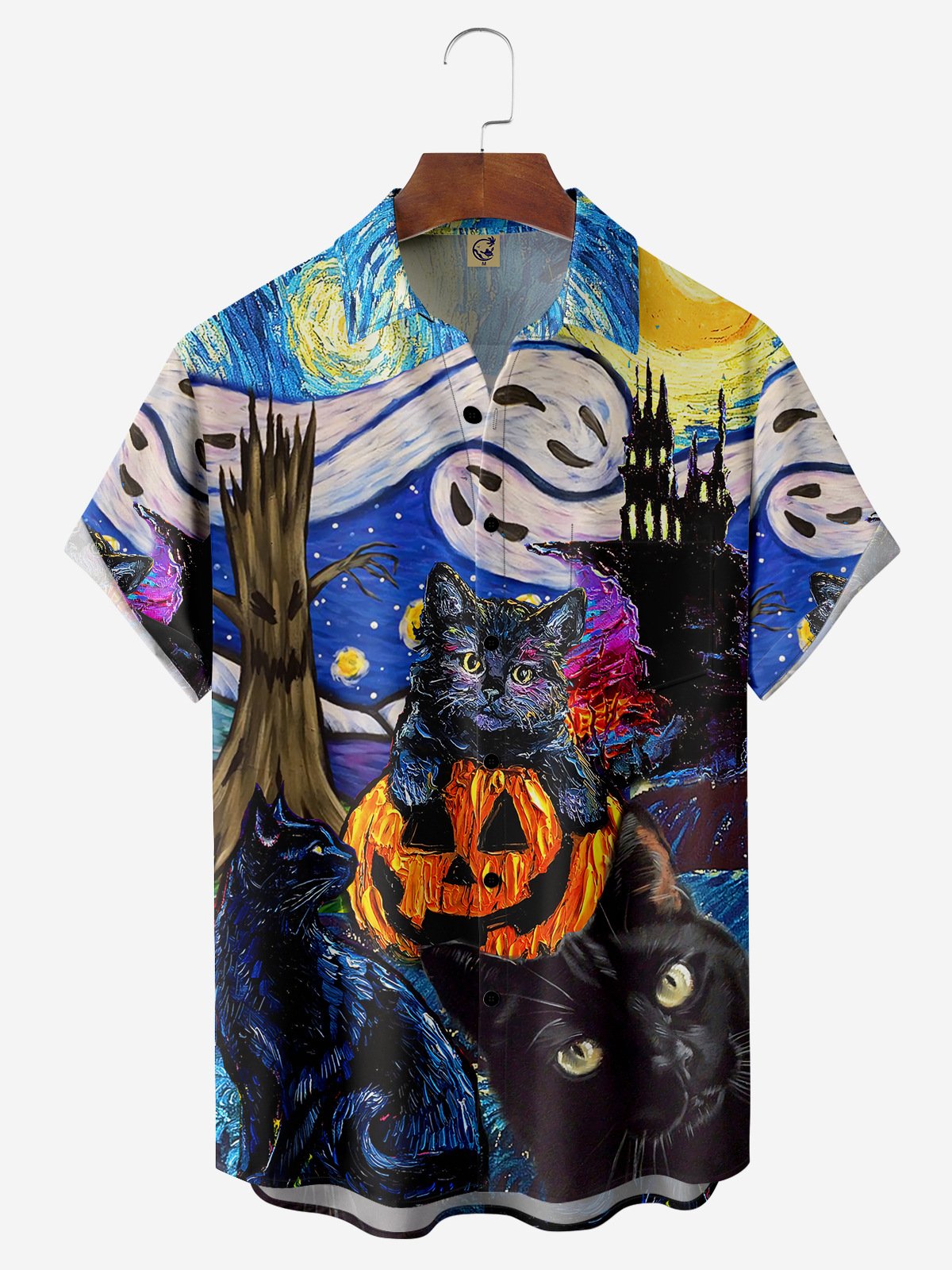 Halloween Pumpkin Cat Chest Pocket Short Sleeve Holiday Shirt