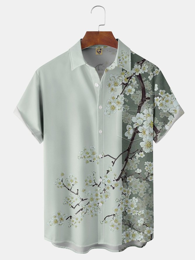 Hardaddy Big Size Floral Sakura Chest Pocket Short Sleeve Hawaiian Shirt