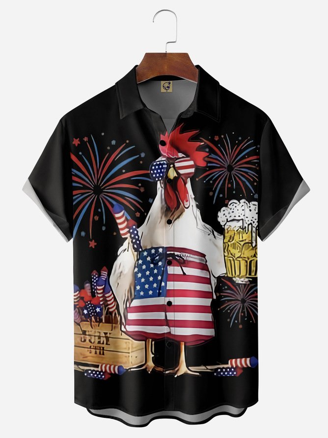 Hardaddy Big Size American Flag Rooster Chest Pocket Short Sleeve Shirt