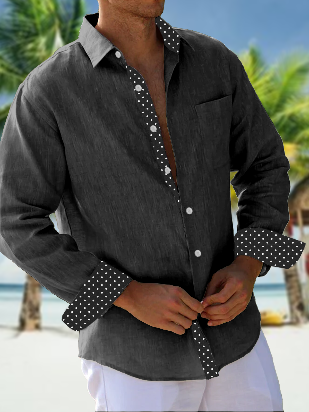 Hardaddy Cotton Polka Dot Contrast Long Sleeve Shirt