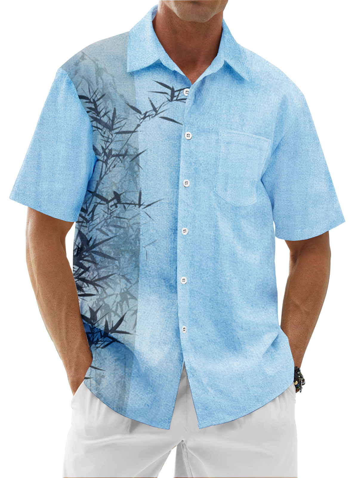 Vegetal Bamboo Print Chest Pocket Short Sleeve Shirt